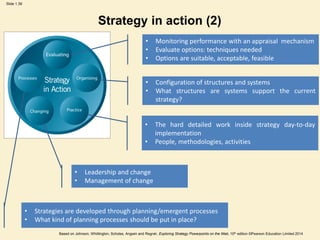 Slide 1.39
Based on Johnson, Whittington, Scholes, Angwin and Regnér, Exploring Strategy Powerpoints on the Web, 10th edition ©Pearson Education Limited 2014
Strategy in action (2)
• Monitoring performance with an appraisal mechanism
• Evaluate options: techniques needed
• Options are suitable, acceptable, feasible
• Strategies are developed through planning/emergent processes
• What kind of planning processes should be put in place?
• Configuration of structures and systems
• What structures are systems support the current
strategy?
• Leadership and change
• Management of change
• The hard detailed work inside strategy day-to-day
implementation
• People, methodologies, activities
 
