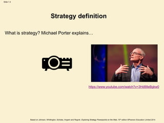 Slide 1.4
Based on Johnson, Whittington, Scholes, Angwin and Regnér, Exploring Strategy Powerpoints on the Web, 10th edition ©Pearson Education Limited 2014
Strategy definition
What is strategy? Michael Porter explains…
https://www.youtube.com/watch?v=3Hd88eBgkw0
 