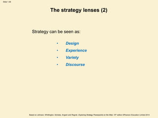 Slide 1.48
Based on Johnson, Whittington, Scholes, Angwin and Regnér, Exploring Strategy Powerpoints on the Web, 10th edition ©Pearson Education Limited 2014
The strategy lenses (2)
Strategy can be seen as:
• Design
• Experience
• Variety
• Discourse
 
