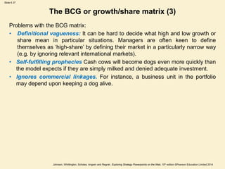 Slide 6.37
Johnson, Whittington, Scholes, Angwin and Regnér, Exploring Strategy Powerpoints on the Web, 10th edition ©Pearson Education Limited 2014
Problems with the BCG matrix:
• Definitional vagueness: It can be hard to decide what high and low growth or
share mean in particular situations. Managers are often keen to define
themselves as ‘high-share’ by defining their market in a particularly narrow way
(e.g. by ignoring relevant international markets).
• Self-fulfilling prophecies Cash cows will become dogs even more quickly than
the model expects if they are simply milked and denied adequate investment.
• Ignores commercial linkages. For instance, a business unit in the portfolio
may depend upon keeping a dog alive.
The BCG or growth/share matrix (3)
 