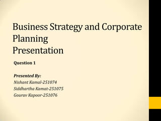 Business Strategy and Corporate
Planning
Presentation
Question 1

Presented By:
Nishant Kamal-251074
Siddhartha Kamat-251075
Gourav Kapoor-251076
 