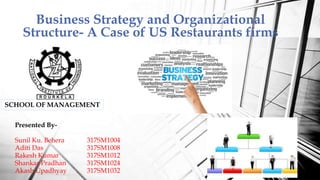 Business Strategy and Organizational
Structure- A Case of US Restaurants firms
Presented By-
Sunil Ku. Behera 317SM1004
Aditi Das 317SM1008
Rakesh Kumar 317SM1012
Shankar Pradhan 317SM1024
Akash Upadhyay 317SM1032
SCHOOL OF MANAGEMENT
 