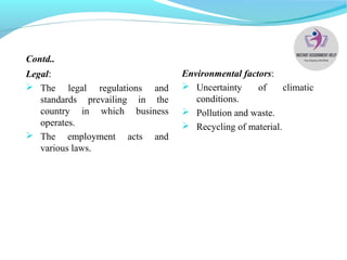 Contd..
Legal:
 The legal regulations and
standards prevailing in the
country in which business
operates.
 The employment acts and
various laws.
Environmental factors:
 Uncertainty of climatic
conditions.
 Pollution and waste.
 Recycling of material.
 