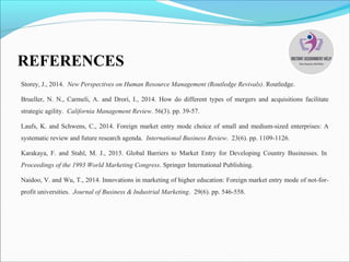 REFERENCES
Storey, J., 2014. New Perspectives on Human Resource Management (Routledge Revivals). Routledge.
Brueller, N. N., Carmeli, A. and Drori, I., 2014. How do different types of mergers and acquisitions facilitate
strategic agility. California Management Review. 56(3). pp. 39-57.
Laufs, K. and Schwens, C., 2014. Foreign market entry mode choice of small and medium-sized enterprises: A
systematic review and future research agenda. International Business Review. 23(6). pp. 1109-1126.
Karakaya, F. and Stahl, M. J., 2015. Global Barriers to Market Entry for Developing Country Businesses. In
Proceedings of the 1993 World Marketing Congress. Springer International Publishing.
Naidoo, V. and Wu, T., 2014. Innovations in marketing of higher education: Foreign market entry mode of not-for-
profit universities. Journal of Business & Industrial Marketing. 29(6). pp. 546-558.
 