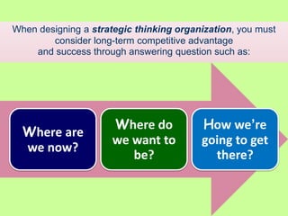 and success through answering question such as: When designing a strategic thinking organization, you must consider long-term competitive advantage 15
