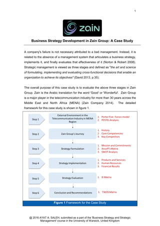 1
@ 2016 AYAT A. SALEH, submitted as a part of the 'Business Strategy and Strategic
Management' course in the University of Warwick, United Kingdom
Business Strategy Development in Zain Group: A Case Study
A company's failure is not necessary attributed to a bad management. Instead, it is
related to the absence of a management system that articulates a business strategy,
implements it, and finally evaluates that effectiveness of it (Norton & Robert 2008).
Strategic management is viewed as three stages and defined as "the art and science
of formulating, implementing and evaluating cross-functional decisions that enable an
organization to achieve its objectives" (David 2013, p.35).
The overall purpose of this case study is to evaluate the above three stages in Zain
Group. Zain is the Arabic translation for the word 'Good' or 'Wonderful'. Zain Group
is a major player in the telecommunication industry for more than 30 years across the
Middle East and North Africa (MENA) (Zain Company 2014). The detailed
framework for this case study is shown in figure 1.
Figure 1 Framework for the Case Study
 