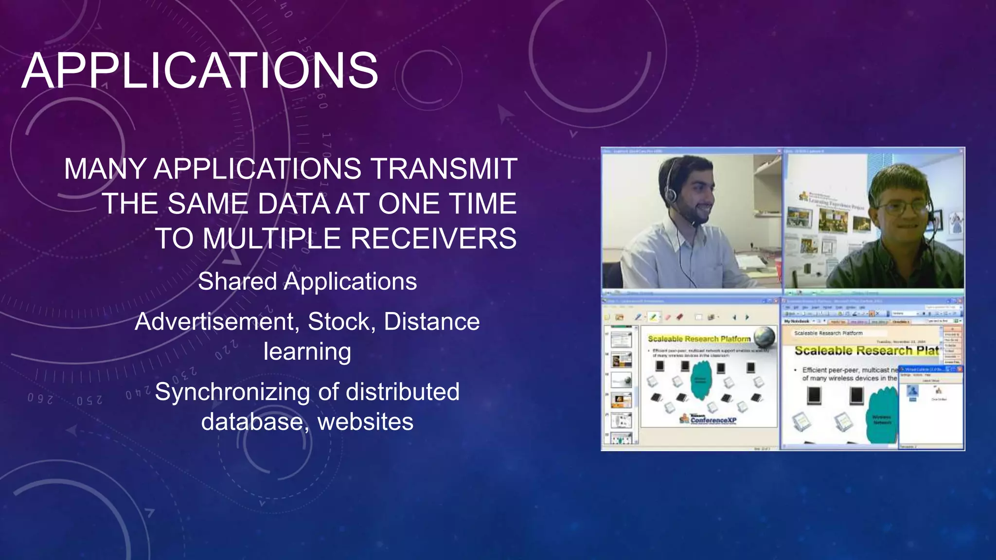 MANY APPLICATIONS TRANSMIT
THE SAME DATA AT ONE TIME
TO MULTIPLE RECEIVERS
Shared Applications
Advertisement, Stock, Distance
learning
Synchronizing of distributed
database, websites
APPLICATIONS
 