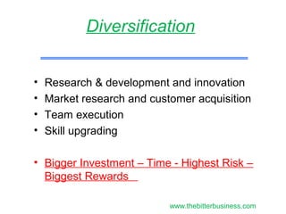 • Research & development and innovation
• Market research and customer acquisition
• Team execution
• Skill upgrading
• Bigger Investment – Time - Highest Risk –
Biggest Rewards
Diversification
www.thebitterbusiness.com
 