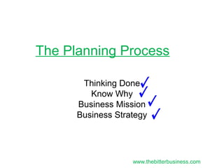 The Planning Process
Thinking Done
Know Why
Business Mission
Business Strategy
www.thebitterbusiness.com
 