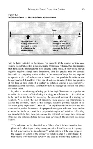 Deﬁning the Desired Competitive Position 83
Figure 5.1
Before-the-Event vs. After-the-Event Measurements
will be better satisﬁed in the future. For example, if the number of time con-
suming steps that exist in a manufacturing process are reduced, then that predicts
that items can be manufactured more quickly in the future. If entry into a market
segment requires a large initial investment, then that predicts that few compet-
itors will be competing in that market. If the number of steps that are required
to operate a piece of software are reduced, then that predicts the software can
be operated with less effort. If the size of a device is reduced, then that predicts
it will take up less space. If a strategy or solution satisﬁes a large number of
important desired outcomes, then that predicts the strategy or solution will create
customer value.
So, what is the advantage of using predictive logic? It enables an organization
to deﬁne, in advance of introducing a strategy or solution, the criteria that are
to be used as the basis for measuring the potential success of a strategy or
solution. As a result, the use of predictive logic enables an organization to
answer the question, ‘‘How is this strategy, solution, product, service or in-
vestment going to perform?’’ After all, if an organization can measure the par-
ameters that predict the success of a proposed strategy or solution, they can then
evaluate the likely success of their proposed strategies and solutions before they
are introduced. In fact, they can evaluate the potential success of their proposed
strategies and solutions before they are even developed. The question was posed
earlier:
‘‘If a solution can be classiﬁed as a failure after it is introduced or im-
plemented, what is preventing an organization from knowing it is going
to fail in advance of its introduction?’’ What criteria will be used to judge
the success or failure of the strategy or solution after it is introduced? If
that criteria were known in advance, and used to evaluate the potential of
 