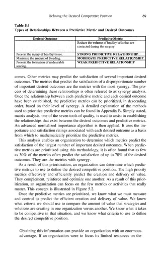 Deﬁning the Desired Competitive Position 89
Table 5.4
Types of Relationships Between a Predictive Metric and Desired Outcomes
comes. Other metrics may predict the satisfaction of several important desired
outcomes. The metrics that predict the satisfaction of a disproportionate number
of important desired outcomes are the metrics with the most synergy. The pro-
cess of determining these relationships is often referred to as synergy analysis.
Once the relationship between each predictive metric and each desired outcome
have been established, the predictive metrics can be prioritized, in descending
order, based on their level of synergy. A detailed explanation of the methods
used to prioritize predictive metrics can be found in Appendix B. Simply stated,
matrix analysis, one of the seven tools of quality, is used to assist in establishing
the relationships that exist between the desired outcomes and predictive metrics.
An advanced normalized importance algorithm is then applied. It uses the im-
portance and satisfaction ratings associated with each desired outcome as a basis
from which to mathematically prioritize the predictive metrics.
This analysis enables an organization to determine which metrics predict the
satisfaction of the largest number of important desired outcomes. When predic-
tive metrics are prioritized using this methodology, it is often found that as few
as 30% of the metrics often predict the satisfaction of up to 70% of the desired
outcomes. They are the metrics with synergy.
As a result of this prioritization, an organization can determine which predic-
tive metrics to use to deﬁne the desired competitive position. The high priority
metrics effectively and efﬁciently predict the creation and delivery of value.
They complement, reinforce and optimize one another. As a result of this prior-
itization, an organization can focus on the few metrics or activities that really
matter. This concept is illustrated in Figure 5.2.
Once the predictive metrics are prioritized, we know what we must measure
and control to predict the efﬁcient creation and delivery of value. We know
what criteria we should use to compare the amount of value that strategies and
solutions are creating in one organization versus another. We know what it takes
to be competitive in that situation, and we know what criteria to use to deﬁne
the desired competitive position.
Obtaining this information can provide an organization with an enormous
advantage. If an organization were to focus its limited resources on the
 
