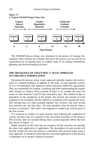 120 Business Strategy Formulation
Figure 7.1
A Typical CD-MAP Project Time Line
The CD-MAP process brings new dynamics to the process of strategy for-
mulation. Once learned, the concepts that drive this process can be used by an
organization on an ongoing basis to conduct many of its strategy formulation,
planning and decision-making activities.
THE MECHANICS OF EXECUTING A TEAM APPROACH
TO STRATEGY FORMULATION
Executing this process using a team approach typically requires the involve-
ment of a trained facilitator in addition to the team. A team typically consists
of 6 to 10 individuals who represent various functions within the organization.
They are responsible for creating, evaluating and often implementing the sought-
after strategy or solution. Over a period of three to six months, the team can
expect to meet between 5 and 25 non-consecutive days. The number of days is
dependent on the complexity of the project, the mission, the amount of work
assigned to the facilitator and the objectives associated with creating the team.
The meeting days are often grouped together into sessions, and each session
lasts between one and four days. All team members must be present when a
session is in progress. The team is not required to conduct any activity prior to
the ﬁrst session.
It is common to conduct six team sessions, each requiring the completion of
various activities that are essential to the successful execution of the process.
The activities that are executed during these sessions typically follow the time
line shown in Figure 7.1.
Slight variations in this time line are common, but the activities are typically
the same from application to application. The description of each session will
provide insight into how the process is structured and executed when using a
team approach. It should be noted that the successful application of this process
is dependent on its proper technical execution.
 