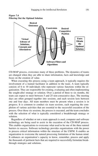 Engaging in the Intellectual Revolution 131
Figure 7.4
Filtering Out the Optimal Solution
CD-MAP process, overcomes many of these problems. The dynamics of teams
are changed when they are able to share information, facts and knowledge and
focus on the creation of value.
When executing this process using a team approach, it typically requires the
involvement of a trained facilitator in addition to the team. A team typically
consists of 6 to 10 individuals who represent various functions within the or-
ganization. They are responsible for creating, evaluating and often implementing
the sought-after strategy or solution. Over a period of three to six months, the
team can expect to meet between 5 and 25 non-consecutive days. The meeting
days are often grouped together into sessions, and each session lasts between
one and four days. All team members must be present when a session is in
progress. It is common to conduct six team sessions, each requiring the com-
pletion of various activities that are essential to the successful execution of the
process. Over those six sessions, the process is executed, and the team concludes
with the selection of what is typically considered a breakthrough strategy or
solution.
Regardless of whether or not a team approach is used, computer and software
technology are being used to assist in the execution of the CD-MAP process.
This enables organizations to overcome what used to be one of the three natural
barriers to success. Software technology provides organizations with the power
to process critical information within the structure of the USFM. It enables an
organization to overcome the natural processing limitations of the human mind.
It enhances an organization’s capacity to know, remember, process and apply
the thousands of pertinent facts that are required to successfully formulate break-
through strategies and solutions.
 
