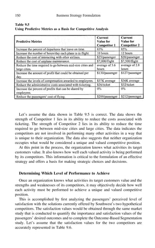 150 Business Strategy Formulation
Let’s assume the data shown in Table 9.5 is correct. The data shows the
strength of Competitor 1 lies in its ability to reduce the costs associated with
ticketing. The strength of Competitor 2 lies in its ability to reduce the time
required to go between mid-size cities and large cities. The data indicates the
competitors are not involved in performing many other activities in a way that
is unique to their organization. The data also suggests that neither organization
occupies what would be considered a unique and valued competitive position.
At this point in the process, the organization knows what activities its target
customers value. It also knows how well each valued activity is being performed
by its competitors. This information is critical to the formulation of an effective
strategy and offers a basis for making strategic choices and decisions.
Determining Which Level of Performance to Achieve
Once an organization knows what activities its target customers value and the
strengths and weaknesses of its competitors, it may objectively decide how well
each activity must be performed to achieve a unique and valued competitive
position.
This is accomplished by ﬁrst analyzing the passengers’ perceived level of
satisfaction with the solutions currently offered by Southwest’s two hypothetical
competitors. The satisfaction values would be obtained through the same market
study that is conducted to quantify the importance and satisfaction values of the
passengers’ desired outcomes and to complete the Outcome-Based Segmentation
study. Let’s assume that the satisfaction values for the two competitors are
accurately represented in Table 9.6.
Table 9.5
Using Predictive Metrics as a Basis for Competitive Analysis
 