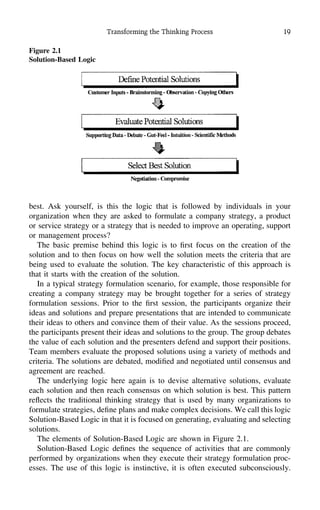 Transforming the Thinking Process 19
Figure 2.1
Solution-Based Logic
best. Ask yourself, is this the logic that is followed by individuals in your
organization when they are asked to formulate a company strategy, a product
or service strategy or a strategy that is needed to improve an operating, support
or management process?
The basic premise behind this logic is to ﬁrst focus on the creation of the
solution and to then focus on how well the solution meets the criteria that are
being used to evaluate the solution. The key characteristic of this approach is
that it starts with the creation of the solution.
In a typical strategy formulation scenario, for example, those responsible for
creating a company strategy may be brought together for a series of strategy
formulation sessions. Prior to the ﬁrst session, the participants organize their
ideas and solutions and prepare presentations that are intended to communicate
their ideas to others and convince them of their value. As the sessions proceed,
the participants present their ideas and solutions to the group. The group debates
the value of each solution and the presenters defend and support their positions.
Team members evaluate the proposed solutions using a variety of methods and
criteria. The solutions are debated, modiﬁed and negotiated until consensus and
agreement are reached.
The underlying logic here again is to devise alternative solutions, evaluate
each solution and then reach consensus on which solution is best. This pattern
reﬂects the traditional thinking strategy that is used by many organizations to
formulate strategies, deﬁne plans and make complex decisions. We call this logic
Solution-Based Logic in that it is focused on generating, evaluating and selecting
solutions.
The elements of Solution-Based Logic are shown in Figure 2.1.
Solution-Based Logic deﬁnes the sequence of activities that are commonly
performed by organizations when they execute their strategy formulation proc-
esses. The use of this logic is instinctive, it is often executed subconsciously.
 