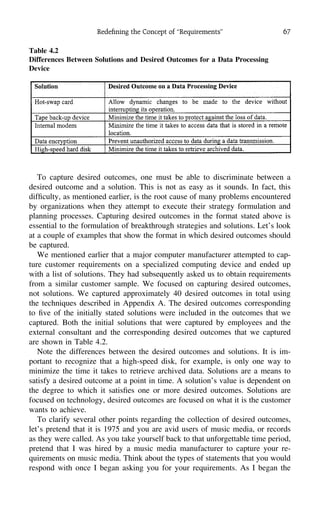 Redeﬁning the Concept of ‘‘Requirements’’ 67
Table 4.2
Differences Between Solutions and Desired Outcomes for a Data Processing
Device
To capture desired outcomes, one must be able to discriminate between a
desired outcome and a solution. This is not as easy as it sounds. In fact, this
difﬁculty, as mentioned earlier, is the root cause of many problems encountered
by organizations when they attempt to execute their strategy formulation and
planning processes. Capturing desired outcomes in the format stated above is
essential to the formulation of breakthrough strategies and solutions. Let’s look
at a couple of examples that show the format in which desired outcomes should
be captured.
We mentioned earlier that a major computer manufacturer attempted to cap-
ture customer requirements on a specialized computing device and ended up
with a list of solutions. They had subsequently asked us to obtain requirements
from a similar customer sample. We focused on capturing desired outcomes,
not solutions. We captured approximately 40 desired outcomes in total using
the techniques described in Appendix A. The desired outcomes corresponding
to ﬁve of the initially stated solutions were included in the outcomes that we
captured. Both the initial solutions that were captured by employees and the
external consultant and the corresponding desired outcomes that we captured
are shown in Table 4.2.
Note the differences between the desired outcomes and solutions. It is im-
portant to recognize that a high-speed disk, for example, is only one way to
minimize the time it takes to retrieve archived data. Solutions are a means to
satisfy a desired outcome at a point in time. A solution’s value is dependent on
the degree to which it satisﬁes one or more desired outcomes. Solutions are
focused on technology, desired outcomes are focused on what it is the customer
wants to achieve.
To clarify several other points regarding the collection of desired outcomes,
let’s pretend that it is 1975 and you are avid users of music media, or records
as they were called. As you take yourself back to that unforgettable time period,
pretend that I was hired by a music media manufacturer to capture your re-
quirements on music media. Think about the types of statements that you would
respond with once I began asking you for your requirements. As I began the
 