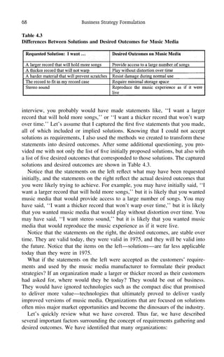 68 Business Strategy Formulation
Table 4.3
Differences Between Solutions and Desired Outcomes for Music Media
interview, you probably would have made statements like, ‘‘I want a larger
record that will hold more songs,’’ or ‘‘I want a thicker record that won’t warp
over time.’’ Let’s assume that I captured the ﬁrst ﬁve statements that you made,
all of which included or implied solutions. Knowing that I could not accept
solutions as requirements, I also used the methods we created to transform these
statements into desired outcomes. After some additional questioning, you pro-
vided me with not only the list of ﬁve initially proposed solutions, but also with
a list of ﬁve desired outcomes that corresponded to those solutions. The captured
solutions and desired outcomes are shown in Table 4.3.
Notice that the statements on the left reﬂect what may have been requested
initially, and the statements on the right reﬂect the actual desired outcomes that
you were likely trying to achieve. For example, you may have initially said, ‘‘I
want a larger record that will hold more songs,’’ but it is likely that you wanted
music media that would provide access to a large number of songs. You may
have said, ‘‘I want a thicker record that won’t warp over time,’’ but it is likely
that you wanted music media that would play without distortion over time. You
may have said, ‘‘I want stereo sound,’’ but it is likely that you wanted music
media that would reproduce the music experience as if it were live.
Notice that the statements on the right, the desired outcomes, are stable over
time. They are valid today, they were valid in 1975, and they will be valid into
the future. Notice that the items on the left—solutions—are far less applicable
today than they were in 1975.
What if the statements on the left were accepted as the customers’ require-
ments and used by the music media manufacturer to formulate their product
strategies? If an organization made a larger or thicker record as their customers
had asked for, where would they be today? They would be out of business.
They would have ignored technologies such as the compact disc that promised
to deliver more value—technologies that ultimately proved to deliver vastly
improved versions of music media. Organizations that are focused on solutions
often miss major market opportunities and become the dinosaurs of the industry.
Let’s quickly review what we have covered. Thus far, we have described
several important factors surrounding the concept of requirements gathering and
desired outcomes. We have identiﬁed that many organizations:
 