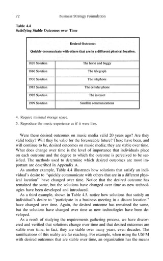 72 Business Strategy Formulation
Table 4.4
Satisfying Stable Outcomes over Time
4. Require minimal storage space.
5. Reproduce the music experience as if it were live.
Were these desired outcomes on music media valid 20 years ago? Are they
valid today? Will they be valid for the foreseeable future? These have been, and
will continue to be, desired outcomes on music media; they are stable over time.
What does change over time is the level of importance that individuals place
on each outcome and the degree to which the outcome is perceived to be sat-
isﬁed. The methods used to determine which desired outcomes are most im-
portant are described in Appendix A.
As another example, Table 4.4 illustrates how solutions that satisfy an indi-
vidual’s desire to ‘‘quickly communicate with others that are in a different phys-
ical location’’ have changed over time. Notice that the desired outcome has
remained the same, but the solutions have changed over time as new technol-
ogies have been developed and introduced.
As a third example, shown in Table 4.5, notice how solutions that satisfy an
individual’s desire to ‘‘participate in a business meeting in a distant location’’
have changed over time. Again, the desired outcome has remained the same,
but the solutions have changed over time as new technologies have been de-
veloped.
As a result of studying the requirements gathering process, we have discov-
ered and veriﬁed that solutions change over time and that desired outcomes are
stable over time; in fact, they are stable over many years, even decades. The
ramiﬁcations of this reality are far reaching. For example, when using the USFM
with desired outcomes that are stable over time, an organization has the means
 
