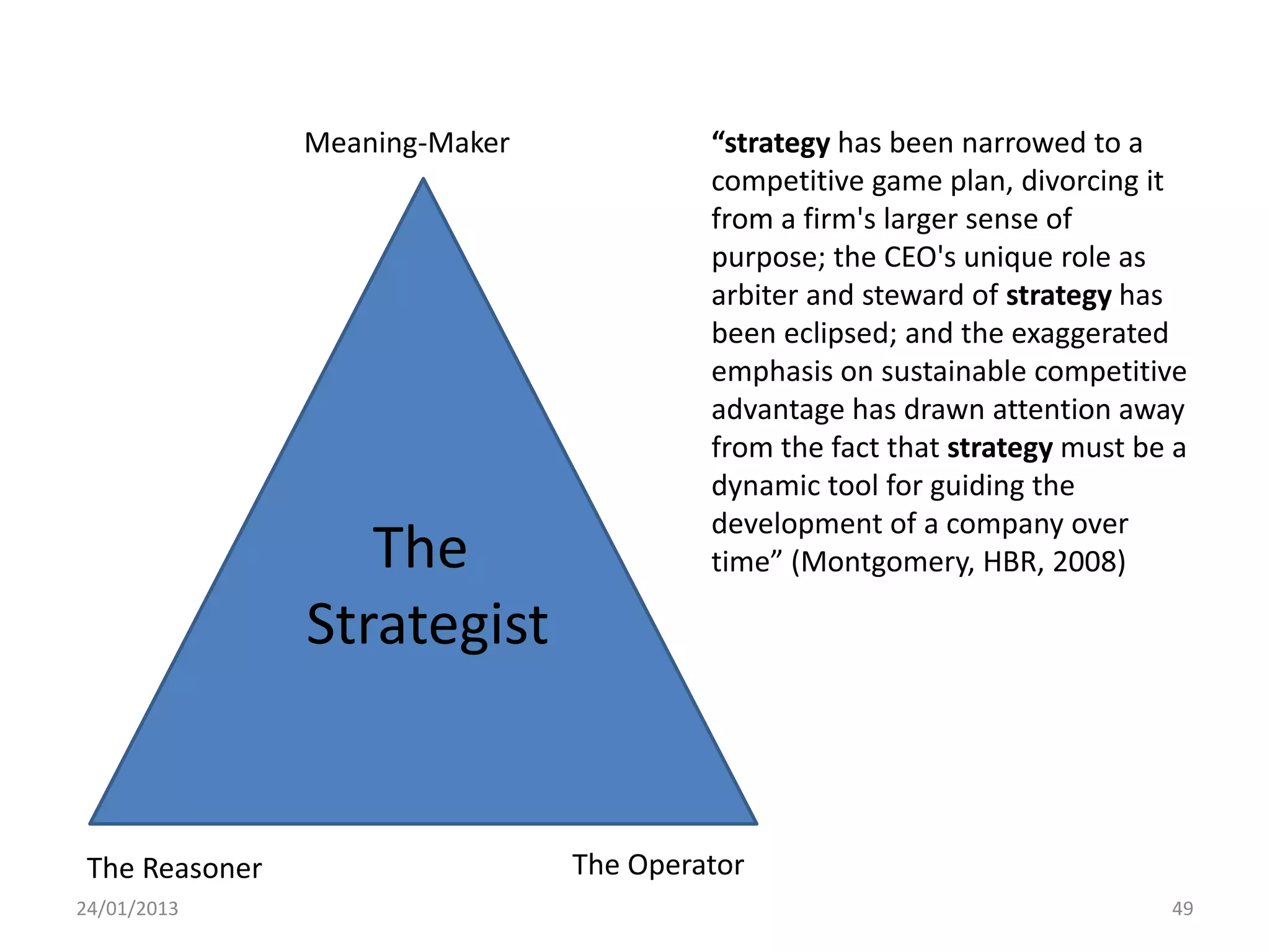 Meaning-Maker            “strategy has been narrowed to a
                                         competitive game plan, divorcing it
                                         from a firm's larger sense of
                                         purpose; the CEO's unique role as
                                         arbiter and steward of strategy has
                                         been eclipsed; and the exaggerated
                                         emphasis on sustainable competitive
                                         advantage has drawn attention away
                                         from the fact that strategy must be a
                                         dynamic tool for guiding the
                                         development of a company over
                   The                   time” (Montgomery, HBR, 2008)

                Strategist


 The Reasoner                   The Operator
24/01/2013                                                                  49
 