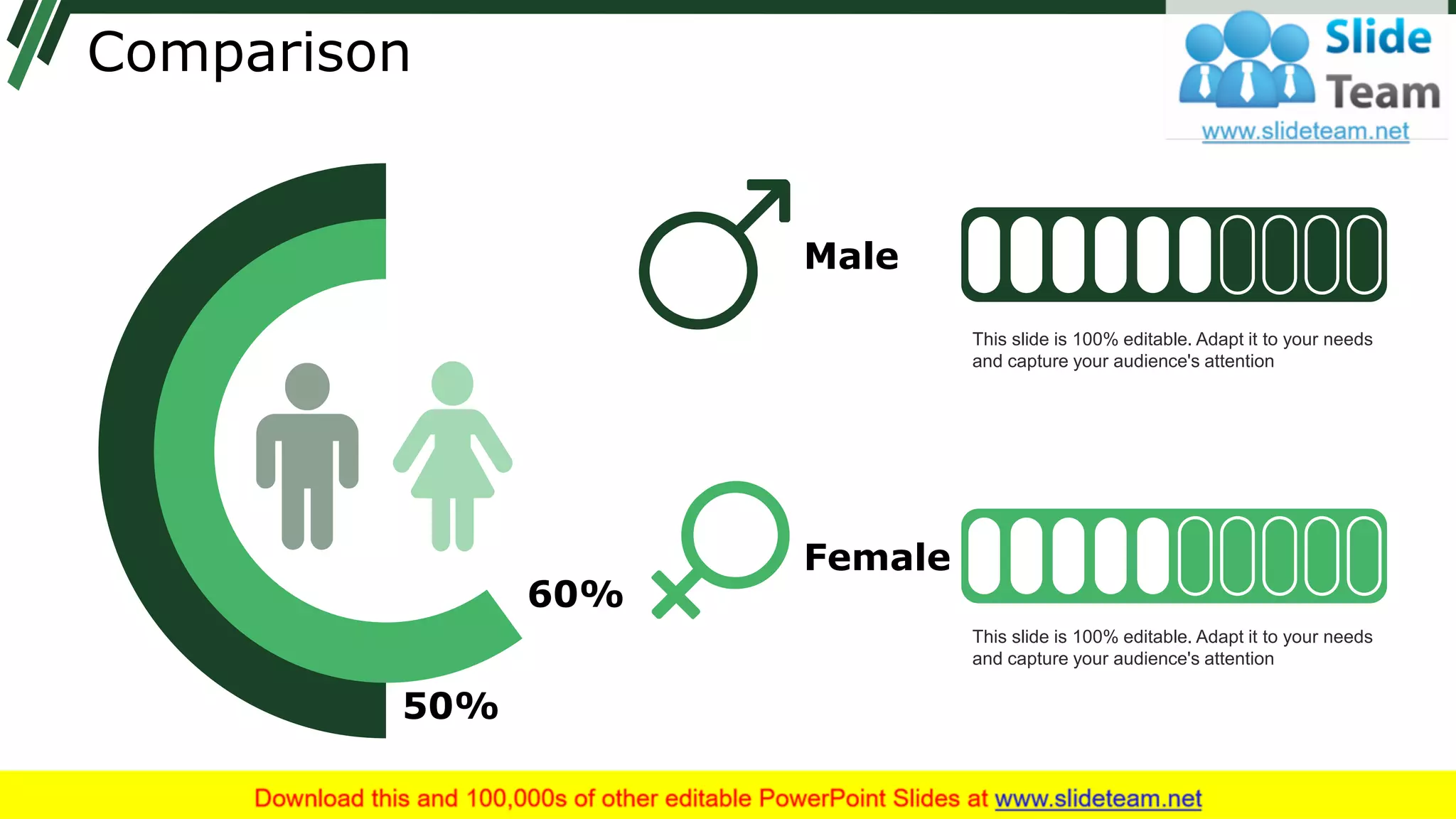 Comparison
50%
60%
Male
This slide is 100% editable. Adapt it to your needs
and capture your audience's attention
Female
This slide is 100% editable. Adapt it to your needs
and capture your audience's attention
 