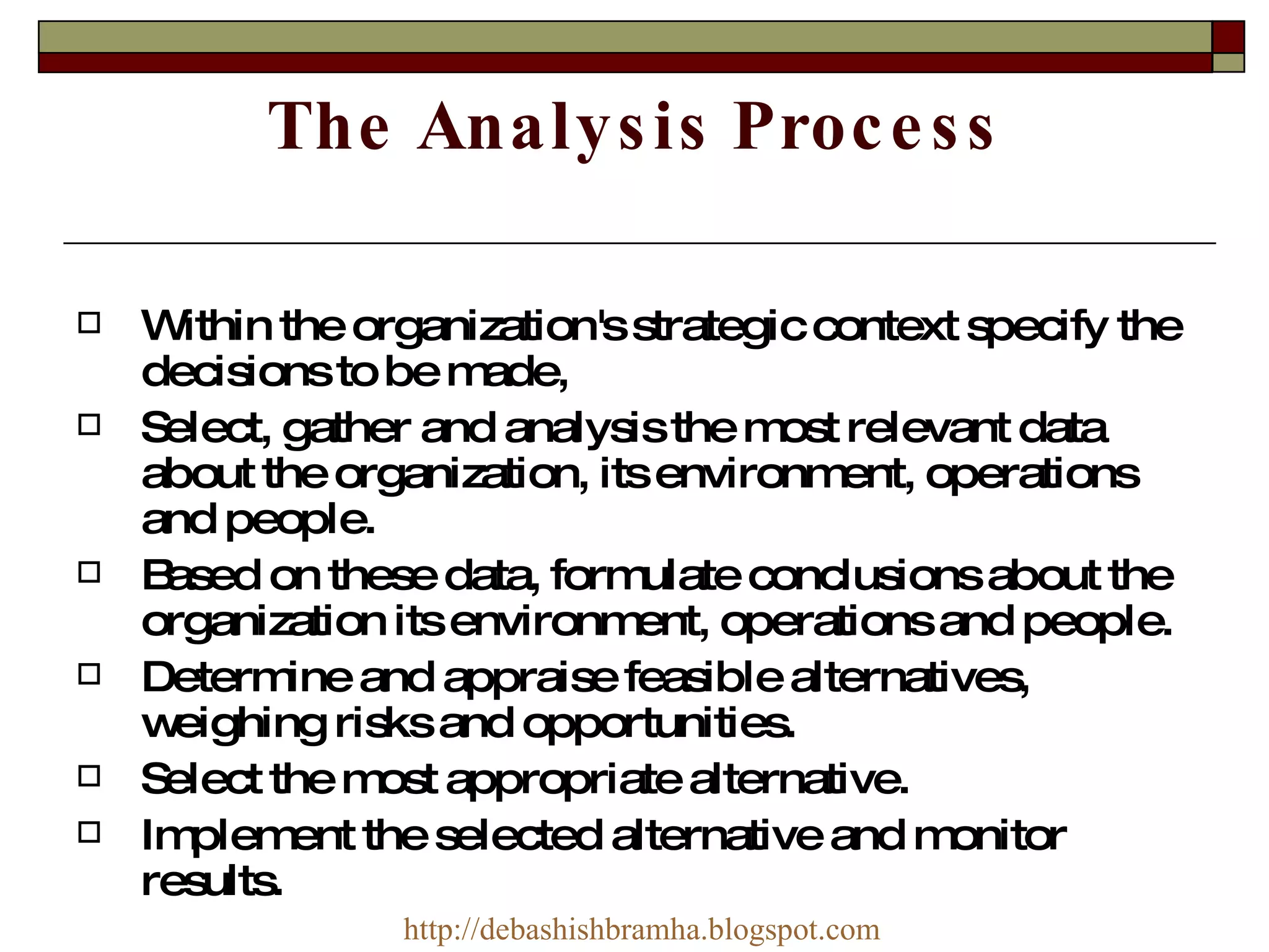 The Analysis Process Within the organization's strategic context specify the decisions to be made, Select, gather and analysis the most relevant data about the organization, its environment, operations and people. Based on these data, formulate conclusions about the organization its environment, operations and people. Determine and appraise feasible alternatives, weighing risks and opportunities. Select the most appropriate alternative. Implement the selected alternative and monitor results. http:// debashishbramha.blogspot.com 