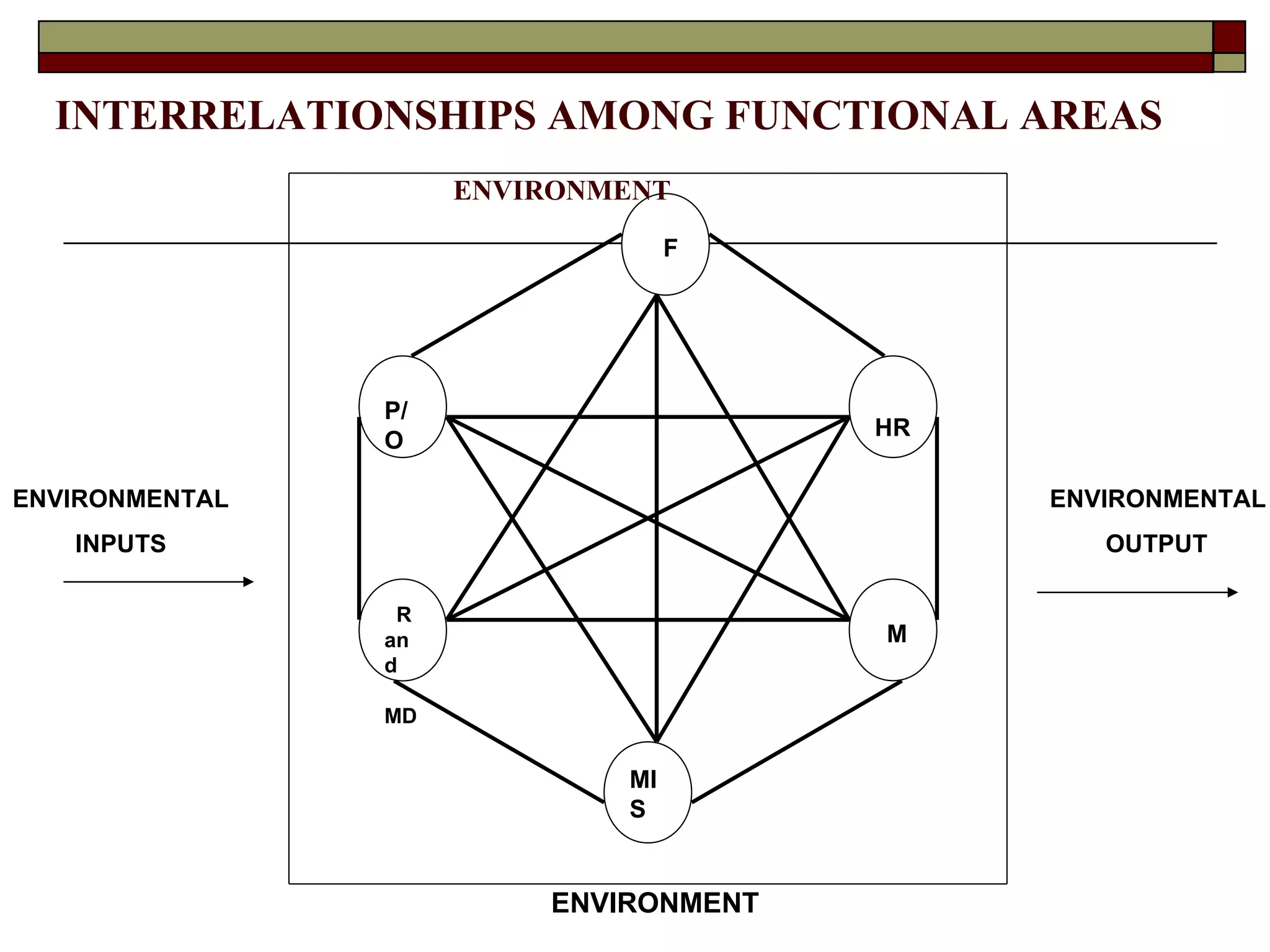 INTERRELATIONSHIPS AMONG FUNCTIONAL AREAS   ENVIRONMENT ENVIRONMENTAL INPUTS ENVIRONMENTAL  OUTPUT ENVIRONMENT HR M MIS R and  MD P/O F 