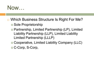 Now…<br />Which Business Structure Is Right For Me?<br />Sole Proprietorship<br />Partnership, Limited Partnership (LP), L...