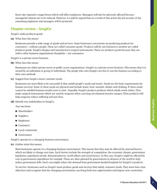 2
BusinessStudies
© Pearson Education Ltd 2011
Boart also imposed a wages freeze which will affect employees. Managers will also be adversely affected because
managerial salaries are to be reduced. However, it could be argued that as a result of this action the job security of the
remaining employees and managers will be protected.
Chapter review – SurgiCo
SurgiCo make producer goods.
(a)	 What does this mean?
Businesses provide a wide range of goods and services. Some businesses concentrate on producing products for
consumers – ordinary people. These are called consumer goods. Products sold by one business to another are called
producer goods. SurgiCo designs and manufactures surgical instruments. These are producer goods because they are
sold to other business organisations (hospitals) – not consumers.
SurgiCo is a private sector business.
(b)	 What does this mean?
Businesses are either private sector or public sector organisations. SurgiCo is a private sector business. This means that it is
owned by an individual or group of individuals. The people who own SurgiCo are free to run the business according to
their own methods.
(c)	 Suggest how SurgiCo meets customer needs.
Businesses are more likely to be successful if they satisfy people’s needs and wants. Needs are the basic requirements for
human survival. Some of these needs are physical and include water, food, warmth, shelter and clothing. If these needs
cannot be satisfied humans would cease to exist. Arguably, SurgiCo produce products which satisfy needs rather. They
make surgical instruments which are used by surgeons when carrying out minimal invasive surgery. Their products will
help surgeons reduce suffering and save lives.
(d)	 Identify two stakeholders in SurgiCo.
Any two from:
	● Shareholders
	● Suppliers
	● Employees
	● Customers
	● Local community
	● Government
SurgiCo operates in a changing business environment.
(e)	 Outline what this means.
Most businesses operate in a changing business environment. This means that they may be affected by external factors
which are likely to change over time. Such factors include the strength of competition, the economic climate, government
legislation, population trends, demand patterns, world affairs and social factors. In this case, SurgiCo might be affected by
cuts in government expenditure for example. These are often planned by governments in all parts of the world to help
reduce government debt. Such cuts might reduce the demand from government-funded hospitals for SurgiCo’s products.
To survive, businesses such as SurgiCo must produce goods and services that satisfy customer needs. They must have clear
objectives and recognise that the changing environment can bring both new opportunities and impose new constraints.
 