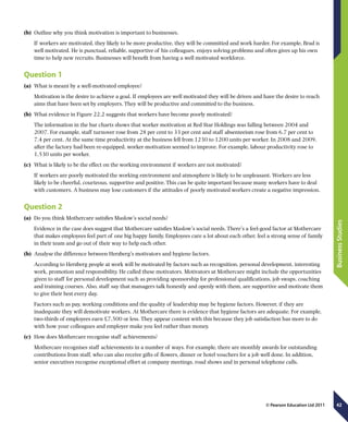 42
BusinessStudies
© Pearson Education Ltd 2011
(b)	 Outline why you think motivation is important to businesses.
If workers are motivated, they likely to be more productive, they will be committed and work harder. For example, Brad is
well motivated. He is punctual, reliable, supportive of his colleagues, enjoys solving problems and often gives up his own
time to help new recruits. Businesses will benefit from having a well motivated workforce.
Question 1
(a)	 What is meant by a well-motivated employee?
Motivation is the desire to achieve a goal. If employees are well motivated they will be driven and have the desire to reach
aims that have been set by employers. They will be productive and committed to the business.
(b)	 What evidence in Figure 22.2 suggests that workers have become poorly motivated?
The information in the bar charts shows that worker motivation at Red Star Holdings was falling between 2004 and
2007. For example, staff turnover rose from 28 per cent to 33 per cent and staff absenteeism rose from 6.7 per cent to
7.4 per cent. At the same time productivity at the business fell from 1230 to 1200 units per worker. In 2008 and 2009,
after the factory had been re-equipped, worker motivation seemed to improve. For example, labour productivity rose to
1,530 units per worker.
(c)	 What is likely to be the effect on the working environment if workers are not motivated?
If workers are poorly motivated the working environment and atmosphere is likely to be unpleasant. Workers are less
likely to be cheerful, courteous, supportive and positive. This can be quite important because many workers have to deal
with customers. A business may lose customers if the attitudes of poorly motivated workers create a negative impression.
Question 2
(a)	 Do you think Mothercare satisfies Maslow’s social needs?
Evidence in the case does suggest that Mothercare satisfies Maslow’s social needs. There’s a feel-good factor at Mothercare
that makes employees feel part of one big happy family. Employees care a lot about each other, feel a strong sense of family
in their team and go out of their way to help each other.
(b)	 Analyse the difference between Herzberg’s motivators and hygiene factors.
According to Herzberg people at work will be motivated by factors such as recognition, personal development, interesting
work, promotion and responsibility. He called these motivators. Motivators at Mothercare might include the opportunities
given to staff for personal development such as providing sponsorship for professional qualifications, job swaps, coaching
and training courses. Also, staff say that managers talk honestly and openly with them, are supportive and motivate them
to give their best every day.
Factors such as pay, working conditions and the quality of leadership may be hygiene factors. However, if they are
inadequate they will demotivate workers. At Mothercare there is evidence that hygiene factors are adequate. For example,
two-thirds of employees earn £7,500 or less. They appear content with this because they job satisfaction has more to do
with how your colleagues and employer make you feel rather than money.
(c)	 How does Mothercare recognise staff achievements?
Mothercare recognises staff achievements in a number of ways. For example, there are monthly awards for outstanding
contributions from staff, who can also receive gifts of flowers, dinner or hotel vouchers for a job well done. In addition,
senior executives recognise exceptional effort at company meetings, road shows and in personal telephone calls.
 