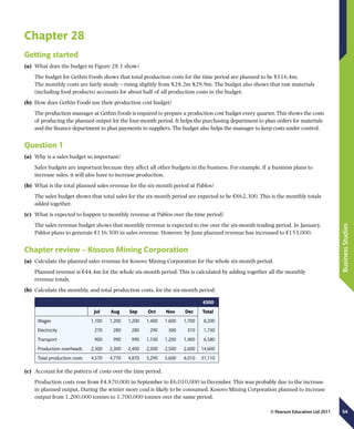 54
BusinessStudies
© Pearson Education Ltd 2011
Chapter 28
Getting started
(a)	 What does the budget in Figure 28.1 show?
The budget for Gethin Foods shows that total production costs for the time period are planned to be $116.4m.
The monthly costs are fairly steady – rising slightly from $28.2m $29.9m. The budget also shows that raw materials
(including food products) accounts for about half of all production costs in the budget.
(b)	 How does Gethin Foods use their production cost budget?
The production manager at Gethin Foods is required to prepare a production cost budget every quarter. This shows the costs
of producing the planned output for the four-month period. It helps the purchasing department to plan orders for materials
and the finance department to plan payments to suppliers. The budget also helps the manager to keep costs under control.
Question 1
(a)	 Why is a sales budget so important?
Sales budgets are important because they affect all other budgets in the business. For example, if a business plans to
increase sales, it will also have to increase production.
(b)	 What is the total planned sales revenue for the six-month period at Pablos?
The sales budget shows that total sales for the six-month period are expected to be €862,300. This is the monthly totals
added together.
(c)	 What is expected to happen to monthly revenue at Pablos over the time period?
The sales revenue budget shows that monthly revenue is expected to rise over the six-month trading period. In January,
Pablos plans to generate €136,500 in sales revenue. However, by June planned revenue has increased to €153,000.
Chapter review – Kosovo Mining Corporation
(a)	 Calculate the planned sales revenue for Kosovo Mining Corporation for the whole six-month period.
Planned revenue is €44.4m for the whole six-month period. This is calculated by adding together all the monthly
revenue totals.
(b)	 Calculate the monthly, and total production costs, for the six-month period.
€000
  Jul Aug Sep Oct Nov Dec Total
Wages 1,100 1,200 1,200 1,400 1,600 1,700 8,200
Electricity 270 280 280 290 300 310 1,730
Transport 900 990 990 1,100 1,200 1,400 6,580
Production overheads 2,300 2,300 2,400 2,500 2,500 2,600 14,600
Total production costs 4,570 4,770 4,870 5,290 5,600 6,010 31,110
(c)	 Account for the pattern of costs over the time period.
Production costs rose from €4,870,000 in September to €6,010,000 in December. This was probably due to the increase
in planned output. During the winter more coal is likely to be consumed. Kosovo Mining Corporation planned to increase
output from 1,200,000 tonnes to 1,700,000 tonnes over the same period.
 