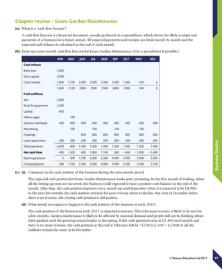 57
BusinessStudies
© Pearson Education Ltd 2011
Chapter review – Evans Garden Maintenance
(a)	 What is a ‘cash flow forecast’?
A cash flow forecast is a financial document, usually produced on a spreadsheet, which shows the likely receipts and
payments of a business for a future period. All expected payments and receipts are listed month by month and the
expected cash balance is calculated at the end of each month.
(b)	 Draw up a nine-month cash flow forecast for Evans Garden Maintenance. (Use a spreadsheet if possible.)
  APR MAY JUN JUL AUG SEP OCT NOV DEC
Cash inflows
Bank loan 3,000
Own capital 2,000
Cash receipts 2,000 2,100 2,000 2,500 2,500 2,000 1,000 500 0
7,000 2100 2000 2500 2500 2000 1000 500 0
Cash outflows
Van 2,000
Tools  equipment 3,400
Laptop 600
Yellow pages 100
General overheads 400 400 400 400 400 400 400 400 400
Advertising 100 100 100 100
Drawings 800 800 800 800 800 800 800
Loan repayments 200 200 200 200 200 200 200 200 200
Total payments 6,600 800 1,400 1,500 1,400 1,500 1,400 1,500 1,400
Net cash flow 400 1,300 600 1,000 1,100 500 2400 21,000 21,400
Opening balance 0 400 1,700 2,300 3,300 4,400 4,900 4,500 3,500
Closing balance 400 1,700 2,300 3,300 4,400 4,900 4,500 3,500 2,100
(c)	 (i)	 Comment on the cash position of the business during the nine-month period.
	 The expected cash position for Evans Garden Maintenance looks quite promising. In the first month of trading, when
all the setting up costs are incurred, the business is still expected to have a positive cash balance at the end of the
month. After that, the cash position improves every month up until September when it is expected to be £4,900.
In the next few months the cash position worsens because revenue starts to decline. But even in December when
there is no revenue, the closing cash position is still positive.
(ii)	 What would you expect to happen to the cash position of the business in early 2011?
	 The cash position of the business in early 2011 is expected to worsen. This is because revenue is likely to be zero for
a few months. Garden maintenance is likely to be affected by seasonal demand and people will not be thinking about
their gardens until the growing season begins in the spring. If the cash payments stay at £1,400 each month and
there is no more revenue, the cash position at the end of February will be −£700 (£2,100 − £2,800) if all the
outflows remain the same as in December.
 
