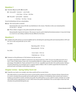 64
BusinessStudies
© Pearson Education Ltd 2011
Question 1
(a)	 Calculate: (i) gross profit; (ii) net profit.
(i)	 Gross profit 5 turnover 2 cost of sales
	 5 $12.56m 2 $7.6m 5 $4.96m
(ii)	 Net profit 5 gross profit 2 expenses
	 5 $4.96m 2 $2.56m 5 $2.4m
French Ltd distributes $0.8m to shareholders.
(b)	 (i)	 How much profit is retained?
	 Retained profit is the money left after any distribution to the owners. Therefore in this case retained profit is
$1.6m ($2.4 2 $0.8m).
(ii)	 What is likely to happen to the profit retained by the business?
Retained profit is kept by the business. This means it may be used to help fund investment projects. It may also be kept
as a reserve in case trading conditions become difficult in the future.
Question 2
(a)	 Complete the profit and loss account for SoftHart plc by calculating the operating profit and retained profit for 2009 and
the cost of sales and profit after tax for 2008.
For 2009:
Operating profit 5 $5.1m
Retained profit 5 $2.2m
For 2008:
Cost of sales 5 $18.1m
Profit after tax 5 $3.1m
(b)	 Comment on the performance of the business over the two years.
It could be argued that the SoftHart’s performance has deteriorated since 2008. Turnover has fallen from $29.2m to
$26.9. This is a fall of about 10 per cent. Gross profit has fallen by a similar amount. Net profit has fallen by a larger
percentage. It has fallen by 29 per cent from $3.1m to $2.2m. A possible reason for this is the world recession. During a
recession demand for non-essentials such as computer games is likely to fall. It could be argued that the business has
performed quite well despite world trading conditions.
Chapter review – Spring Valley Farm Ltd
(a)	 Using this case study as an example, state what a profit and loss account shows.
The profit and loss account shows the income received and the expenses incurred by a business during a financial year.
It is used to calculate the gross profit and net profit made by a business. It is divided into three sections and contains a
trading account which is used to calculate gross profit, the profit and loss account, which is used to calculate net a profit
and a profit and loss appropriation account, which shows how profit is distributed. The account helps to show how well
a business has performed during the year.
 
