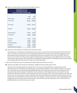 65
BusinessStudies
© Pearson Education Ltd 2011
(b)	 Draw up a profit and loss account for Spring Valley Farm Ltd.
Spring Valley Farm Ltd
Profit and loss account
for the year ending 31 December 2009
$ $
2009 2008
Sales turnover 560,400 470,600
Cost of sales 302,100 270,500
Gross profit 258,300 200,100
Expenses 113,700 103,200
Operating profit 144,600 96,900
Interest paid 20,000 20,000
Net profit 124,600 76,900
Taxation 40,000 25,000
Profit after taxation 84,600 51,900
Dividends 20,000 10,000
Retained profit for the period 64,600 41,900
(c)	 Comment on the performance of the business over the two years.
The performance of the business has improved over the two years. Turnover has increased from $470,600 to $560,400.
This is an increase of nearly 20 per cent. Gross profit has improved by more than 25 per cent which suggests that gross
profit margins have been improved. The net profit made by farm has increased from $76,900 to $124,600. This is an
increase of over 60 per cent. This increase suggests that the business is also being run more efficiently because net profit
has risen faster than turnover. The business has also doubled the dividend payment to shareholders and increased retained
profit. Spring valley Farm Ltd seems to be doing very well and improving.
At the end of the financial year the cash balance for Spring Valley Farm Ltd was $136,700.
(d)	 Analyse two possible reasons why this cash balance is different from the profit made in 2009.
The amount of cash Spring Valley Farm Ltd has ($136,700) is more than double that of retained profit in 2009
($64,600). However, it should not be surprising that cash and profit are different. There could be a number of reasons for
this. One obvious reason is that the business probably had some cash in the bank at the start of the financial year. This
means that when the retained profit is added the overall cash balance will be higher than the value of profit. It is also
possible that the business sold some assets during the year. Sales of assets generate cash but do not appear in the profit and
loss account. Also, some goods are sold on credit and at the end of the financial year payment by some customers may not
yet have been received. Therefore, profit is greater than cash. Similarly, a business may receive cash at the beginning of the
trading year from credit sales made in the previous year. This would increase the cash balance, but not affect profit. It is
possible that flowers are sold to customers on credit.
 