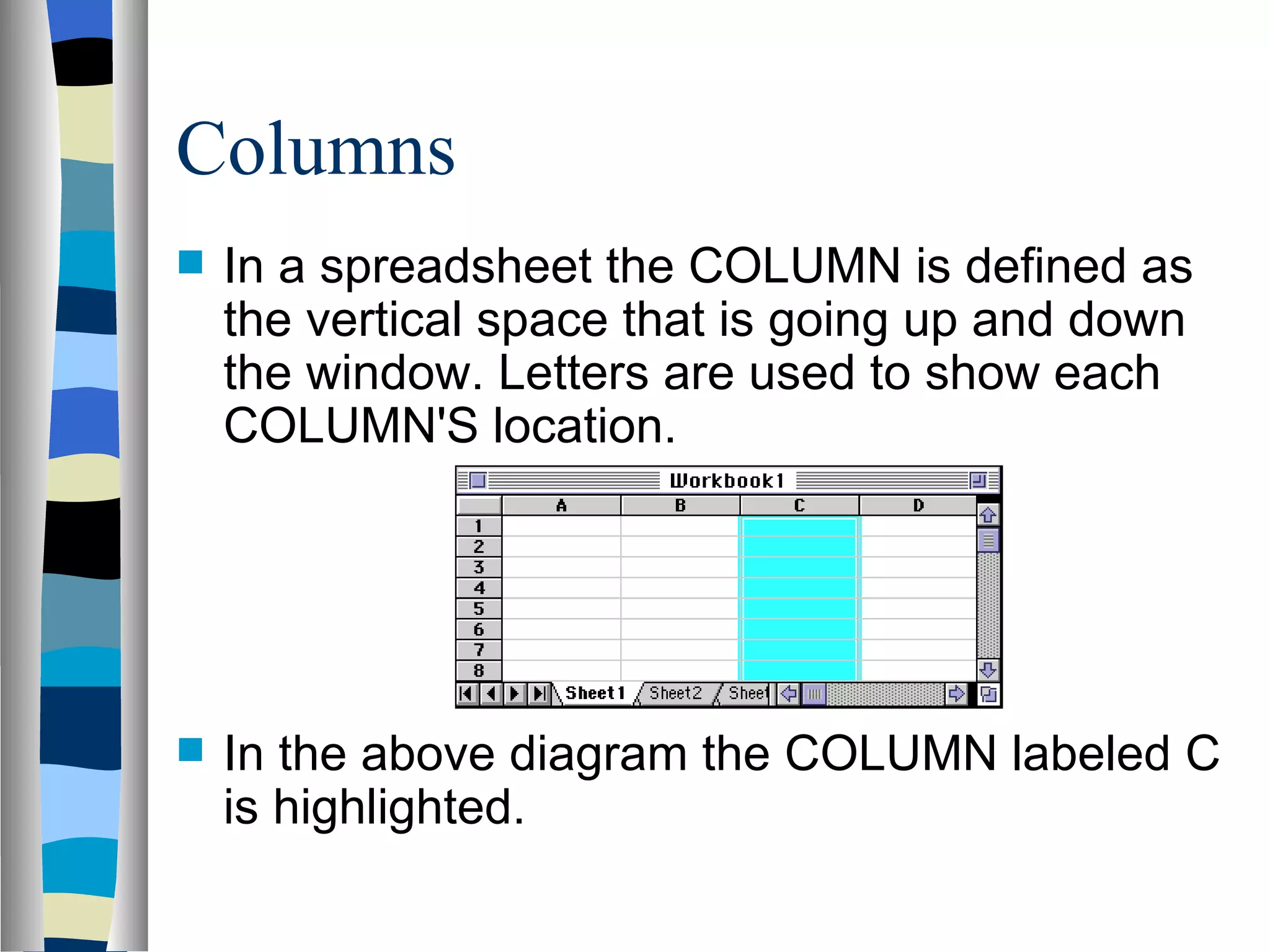 Columns In a spreadsheet the COLUMN is defined as the vertical space that is going up and down the window. Letters are used to show each COLUMN'S location.  In the above diagram the COLUMN labeled C is highlighted. 