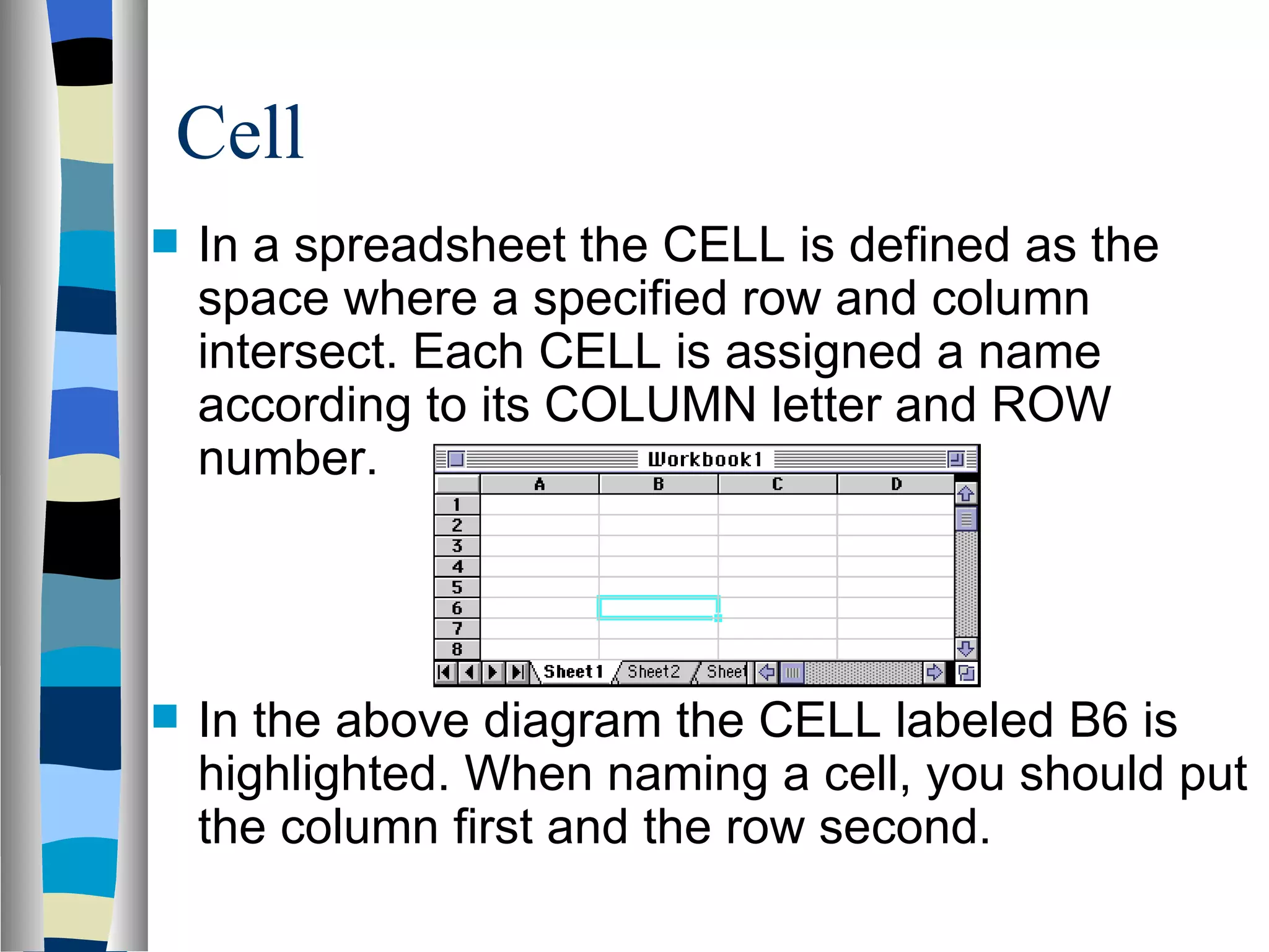 Cell In a spreadsheet the CELL is defined as the space where a specified row and column intersect. Each CELL is assigned a name according to its COLUMN letter and ROW number.  In the above diagram the CELL labeled B6 is highlighted. When naming a cell, you should put the column first and the row second. 