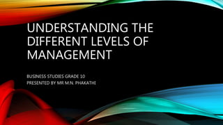 UNDERSTANDING THE
DIFFERENT LEVELS OF
MANAGEMENT
BUSINESS STUDIES GRADE 10
PRESENTED BY MR M.N. PHAKATHI
 