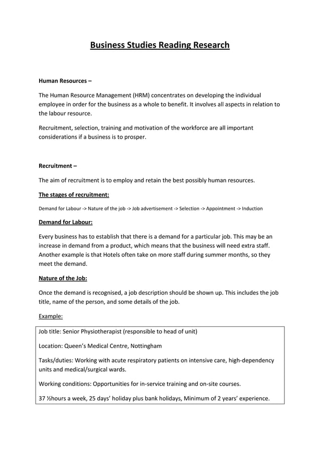 Business Studies Human Resources Research | PDF