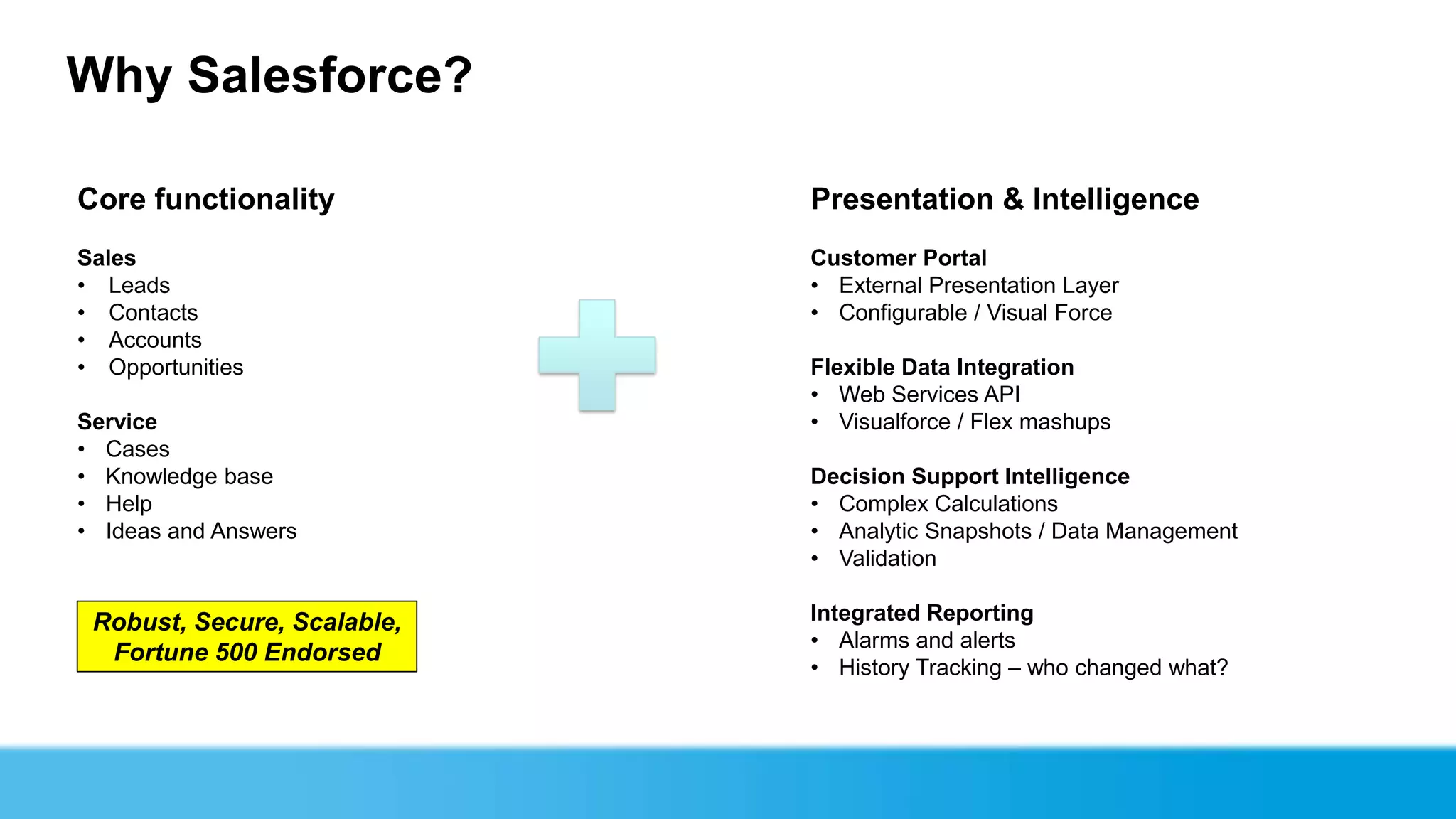 Why Salesforce?

Core functionality           Presentation & Intelligence
Sales                        Customer Portal
• Leads                      • External Presentation Layer
• Contacts                   • Configurable / Visual Force
• Accounts
• Opportunities              Flexible Data Integration
                             • Web Services API
Service                      • Visualforce / Flex mashups
• Cases
• Knowledge base             Decision Support Intelligence
• Help                       • Complex Calculations
• Ideas and Answers          • Analytic Snapshots / Data Management
                             • Validation

 Robust, Secure, Scalable,   Integrated Reporting
                             • Alarms and alerts
  Fortune 500 Endorsed
                             • History Tracking – who changed what?
 