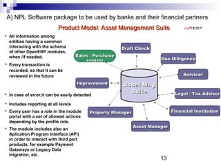 13
A) NPL Software package to be used by banks and their financial partners
Asset MngAsset Mng
SuiteSuite Legal / Tax AdvisorLegal / Tax Advisor
ServicerServicer
Draft CheckDraft Check
ImprovementImprovement
Asset ManagerAsset Manager
Due DilligenceDue Dilligence
Property ManagerProperty Manager
Sales / PurchaseSales / Purchase
existentexistent
 Includes reporting at all levels
 Every user has a role in the module
portal with a set of allowed actions
depending by the profile role.
 The module includes also an
Aplication Program Interface (API)
in order to interact with third part
products, for example Payment
Gateways or Legacy Data
migration, etc.
 All information among
entities having a common
interacting with the schema
of other OpenERP modules,
when /if needed.
 Every transaction is
recorded, so that it can be
reviewed in the future
 In case of error,it can be easily detected
Financial InstitutionFinancial Institution
Product Model: Asset Management SuiteProduct Model: Asset Management Suite
 