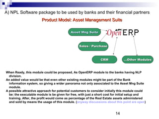 14
A) NPL Software package to be used by banks and their financial partners
Sales / PurchaseSales / Purchase
When Ready, this module could be proposed, As OpenERP module to the banks having NLP
division.
An added value would be that even other existing modules might be part of the Bank
information system, so giving a wider panorama not only associated to the Asset Mng Suite
module.
A possible attractive approach for potential customers to consider initially this module could
be: the executable module is be given for free, with just a short cost for initial setup and
training. After, the profit would come as percentage of the Real Estate assets administered
and sold by means the usage of this module. (anyway discussions about this point are open)
Product Model: Asset Management SuiteProduct Model: Asset Management Suite
CRMCRM
Asset Mng SuiteAsset Mng Suite
...Other Modules...Other Modules
 