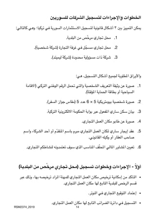 ‫للسوريني‬ ‫الشركات‬ ‫لتسجيل‬ ‫واإلجراءات‬ ‫الخطوات‬

 :‫كالتالي‬ ‫وهي‬ ‫تركيا؛‬ ‫في‬ ‫السورية‬ ‫االستثمارات‬ ‫لتسجيل‬ ‫قانونية‬ ‫أشكال‬ ٣ ‫بني‬ ‫التمييز‬ ‫يمكن‬
.1
.‫البلدية‬ ‫من‬ ‫ص‬ّ‫خ‬‫مر‬ ‫تجاري‬ ‫محل‬
.2
.(‫شخصية‬ ‫)شركة‬ ‫التجارة‬ ‫غرفة‬ ‫في‬ ‫ل‬ّ‫مسج‬ ‫تجاري‬ ‫محل‬
.3
.(‫ليميتد‬ ‫)شركة‬ ‫محدودة‬ ‫مسؤولية‬ ‫ذات‬ ‫شركة‬

:‫هي‬ ،‫التسجيل‬ ‫أشكال‬ ‫لجميع‬ ‫املطلوبة‬ ‫واألوراق‬
.1‫)االقامة‬ ‫التركي‬ ‫الوطني‬ ‫الرقم‬ ‫تحمل‬ ‫والتي‬ ‫الشخصية‬ ‫التعريف‬ ‫وثيقة‬ ‫عن‬ ‫صورة‬

.(‫املؤقتة‬ ‫الحماية‬ ‫بطاقة‬ ‫أو‬ ‫السياحية‬
.2
.(‫السفر‬ ‫جواز‬ ‫)مقاس‬ 5 ‫عدد‬ 6 × 5 ‫بيومتريكية‬ ‫شخصية‬ ‫صورة‬
.3
.‫التركية‬ ‫االلكترونية‬ ‫الحكومة‬ ‫بوابة‬ ‫عبر‬ ‫املفعول‬ ‫ساري‬ ‫سكن‬ ‫بيان‬
.4
.‫التجاري‬ ‫العمل‬ ‫مكان‬ ‫طابو‬ ‫عن‬ ‫صورة‬
.5‫واسم‬ ‫الشركاء‬ ‫أحد‬ ‫أو‬ ‫م‬ّ‫د‬‫املتق‬ ‫باسم‬ ‫مبرم‬ ‫التجاري‬ ‫العمل‬ ‫ملكان‬ ‫ساري‬ ‫إيجار‬ ‫عقد‬

.‫القانوني‬ ‫وكيله‬ ‫أو‬ ‫العقار‬ ‫صاحب‬
.6
.‫التجاري‬ ‫لنشاطكم‬ ‫تعتمدونه‬ ‫سوف‬ ‫الذي‬ ‫املناسب‬ ‫ف‬ّ‫ل‬‫املح‬ ‫املالي‬ ‫املشاور‬ ‫تعيني‬
(‫البلدية‬ ‫من‬ ‫ص‬ّ‫خ‬‫مر‬ ‫تجاري‬ ‫)محل‬ ‫تسجيل‬ ‫وخطوات‬ ‫اإلجراءات‬ - ً‫ال‬‫أو‬
•‫عبر‬ ‫وذلك‬ ،‫بها‬ ‫ترخيصه‬ ‫املراد‬ ‫للمهنة‬ ‫التجاري‬ ‫العمل‬ ‫مكان‬ ‫ترخيص‬ ‫إمكانية‬ ‫من‬ ‫التأكد‬

.‫التجاري‬ ‫العمل‬ ‫مكان‬ ‫لها‬ ‫التابع‬ ‫للبلدية‬ ‫الرخص‬ ‫قسم‬
•
.‫النوتر‬ ‫في‬ ‫التجاري‬ ‫التوقيع‬ ‫إعتماد‬
•
.‫التجاري‬ ‫العمل‬ ‫مكان‬ ‫لها‬ ‫التابع‬ ‫الضرائب‬ ‫دائرة‬ ‫في‬ ‫التسجيل‬
RSM2374_2019 14
 