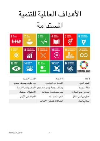 ‫للتنمية‬ ‫العاملية‬ ‫األهداف‬
‫املستدامة‬
‫للفقر‬ ‫ال‬‫للجوع‬ ‫ال‬‫الجيدة‬ ‫الصحة‬
‫الجيد‬ ‫التعليم‬‫الجنسني‬ ‫بني‬ ‫املساوة‬‫صحي‬ ‫وصرف‬ ،‫نظيف‬ ‫ماء‬
‫متجددة‬ ‫طاقة‬‫اقتصادي‬ ‫ونمو‬ ،‫مجدية‬ ‫وظائف‬‫التحتية‬ ‫والبنية‬ ‫االبتكار‬
‫املساواة‬ ‫عدم‬ ‫من‬ ‫الحد‬‫مستدامة‬ ‫ومجتمعات‬ ‫مدن‬‫املسؤول‬ ‫االستهالك‬
‫املناخ‬ ‫أجل‬ ‫من‬ ‫العمل‬‫املاء‬ ‫تحت‬ ‫الحياة‬‫األرض‬ ‫على‬ ‫الحياة‬
‫والعدل‬ ‫السالم‬‫األهداف‬ ‫لتحقيق‬ ‫الشراكات‬
RSM2374_2019 4
 