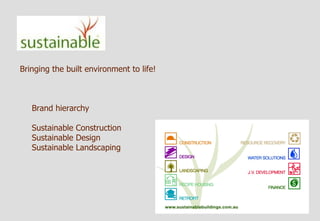 Bringing the built environment to life!



   Brand hierarchy

   Sustainable Construction
   Sustainable Design
   Sustainable Landscaping
 