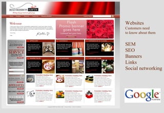 Websites
                                  Customers need
                                  to know about them


                                  SEM
                                  SEO
                                  Banners
                                  Links
                                  Social networking




Delivering marketing that works
 