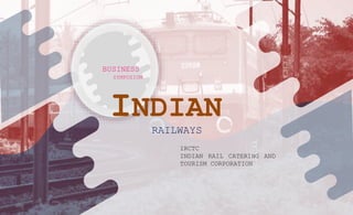 BUSINESS
SYMPOSIUM
INDIAN
RAILWAYS
IRCTC
INDIAN RAIL CATERING AND
TOURISM CORPORATION
 