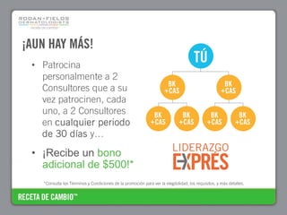 ¡AUN HAY MÁS!
 • Patrocina
   personalmente a 2
   Consultores que a su
   vez patrocinen, cada
   uno, a 2 Consultores
   en cualquier periodo
   de 30 días y…

 • ¡Recibe un bono
   adicional de $500!*
   *Consulta los Términos y Condiciones de la promoción para ver la elegibilidad, los requisitos, y más detalles.
 