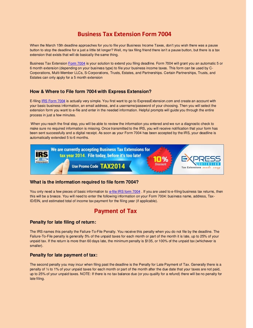 Business tax extension form 7004