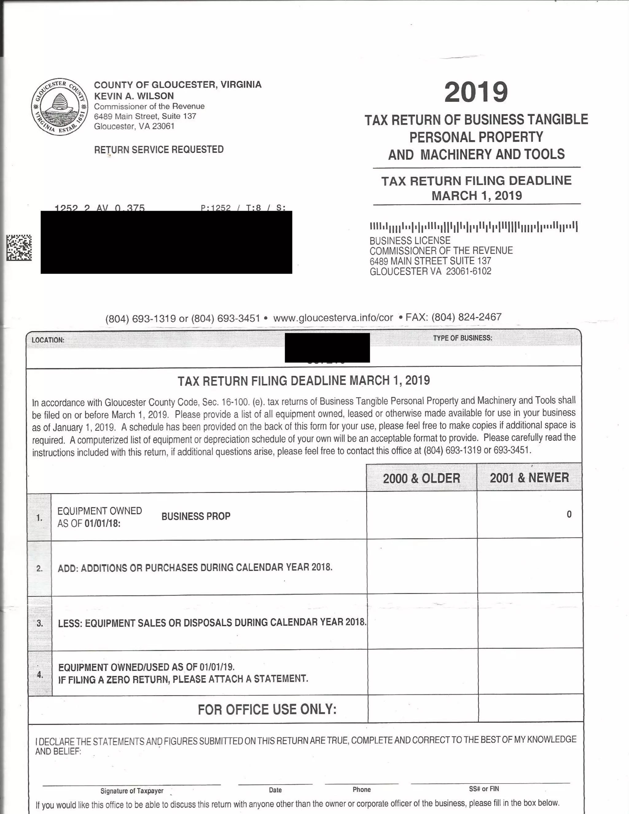 Business Tax Form, Gloucester, Virginia PDF