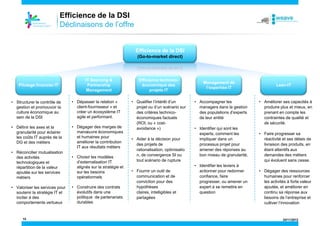 Efficience de la DSI
Déclinaisons de l’offre

Efficience de la DSI
(Go-to-market direct)

Pilotage financier IT

IT Sourcing &
Partnership
Management

• Structurer le contrôle de
gestion et promouvoir la
culture économique au
sein de la DSI

• Dépasser la relation «
client-fournisseur » et
créer un écosystème IT
agile et performant.

• Définir les axes et la
granularité pour éclairer
les coûts IT auprès de la
DG et des métiers

• Dégager des marges de
manœuvre économiques
et humaines pour
améliorer la contribution
IT aux résultats métiers

• Réconcilier mutualisation
des activités
technologiques et
répartition de la valeur
ajoutée sur les services
métiers

• Choisir les modèles
d’externalisation IT
alignés sur la stratégie et
sur les besoins
opérationnels

• Valoriser les services pour
soutenir la stratégie IT et
inciter à des
comportements vertueux

• Construire des contrats
évolutifs dans une
politique de partenariats
durables

15

Efficience technicoéconomique des
projets IT
• Qualifier l’intérêt d’un
projet ou d’un scénario sur
des critères technicoéconomiques factuels
(ROI, ou « costavoidance »)
• Aider à la décision pour
des projets de
rationalisation, optimisatio
n, de convergence SI ou
tout scénario de rupture
• Fournir un outil de
communication et de
conviction pour des
hypothèses
claires, intelligibles et
partagées

Management de
l’expertise IT
• Accompagner les
managers dans la gestion
des populations d’experts
de leur entité
• Identifier qui sont les
experts, comment les
impliquer dans un
processus projet pour
amener des réponses au
bon niveau de granularité,
• Identifier les leviers à
actionner pour redonner
confiance, faire
progresser, ou amener un
expert à se remettre en
question

Lean-IT

• Améliorer ses capacités à
produire plus et mieux, en
prenant en compte les
contraintes de qualité et
de sécurité.

• Faire progresser sa
réactivité et ses délais de
livraison des produits, en
étant attentifs aux
demandes des métiers
qui évoluent sans cesse.
• Dégager des ressources
humaines pour renforcer
les activités à forte valeur
ajoutée, et améliorer en
continu sa réponse aux
besoins de l’entreprise et
cultiver l’innovation

24/11/2013

 