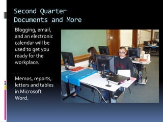 Second QuarterDocuments and MoreBlogging, email, and an electronic calendar will be used to get you ready for the workplace.Memos, reports, letters and tables in Microsoft Word.